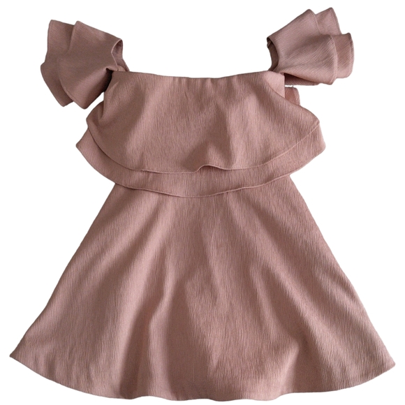 Keepsake Small Butterfly Off Shoulder Blush Pink Textured Mini Dress w/ Pockets - Picture 1 of 15